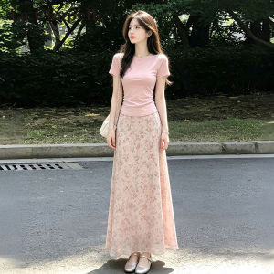 La Chapelle | Gentle Floral Half Skirt & Pink Short Sleeve T-Shirt Set Summer Light Weight