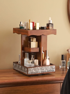 360° Rotating Wooden Organizer | Retro Teak Rattan Storage Shelf | Multi-Tier Rack for Cosmetics & Home Decor