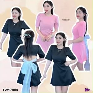 TW17808 เดรสสั้นคอกลม โบว์หลัง ..