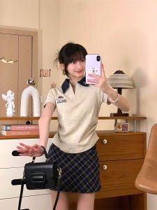 Áo Thun Polo Cổ Polo Thêu Hình Chú Chó Dễ Thương Cho Nữ Áo Thun Ngắn Tay Eo Xếp Ly Chất Liệu Cotton Mùa Hè