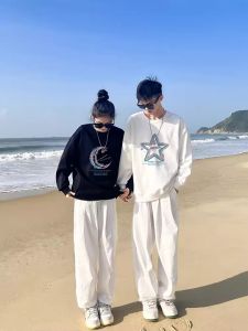 Couples round Neck Sweatshirt Set Early Autumn New Style Popular High-End Feeling Loose Fit Cotton Blend Long Sleeve Print