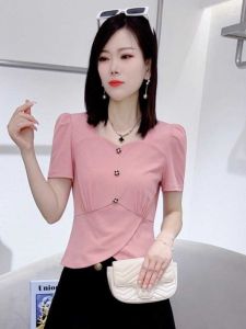 Sweet Stylish Short Sleeve T-Shirt Womens Slim Fit Fashionable Summer New Arrival Button Detail Pure Color Commute Style Top