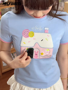 NELY Creative Candy House Short Sleeve T-Shirt Womens Slim Fit Base Shirt Summer Top Sweet Cool Style Cotton Polyester Blend
