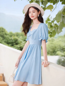 XIANGYING | Slimming Fit High Waist Heart Neckline Blue Summer Dress