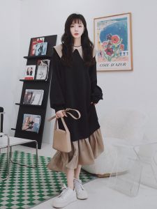 Loose Korean Style Long Dress with Back Bowknot Doll Collar Patchwork A-Line Skirt for Women Autumn New Arrival Black