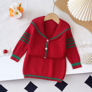 Bear Leader Baby Clothes Girls Fashion Red Sets Winter Lapel Knitted Cardigan + Skirt 2-piece Sets Winter College Style Striped Christmas Childrens Suit New Years Sweater Girl Clothes