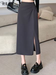 Black Asymmetrical Suit Skirt Womens Spring Autumn 2025 New Pleated Bodycon Midi Skirt Commute Elegant Skirts