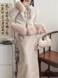 เสื้อโค้ทกระดุมจีนเพิ่มความหนาผ้าวูลวินเทจสไตล์จีนแบบใหม่ไซส์ใหญ่ชุดกระโปรงเรียบหรูแบบเซเลบริตี้สำหรับฤดูใบไม้ร่วงและฤดูหนาว