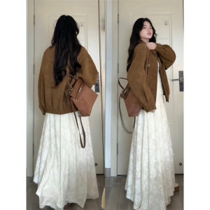 Retro Suede Polo Neck Jacket Womens Casual Loose Fit Spring Autumn Coffee Color Versatile Top Quality Fashionable Outerwear