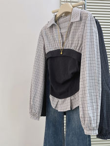 QINGNAER | American Elegant Two-in-One Plaid Patchwork Waist-Shaping Shirt