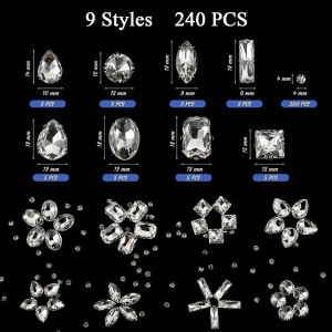 240Pcs Glass Rhinestones Mixed Shape Clear Crystal Gems Diamond Stone Flat Back Rhinestones for Clothes Shoes Jewelry Arts Craft
