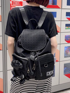 Fashionable Large Capacity Nylon Womens Backpack Drawstring Flip Cover Casual Travel Bag with Multiple Pockets Leisurely Style