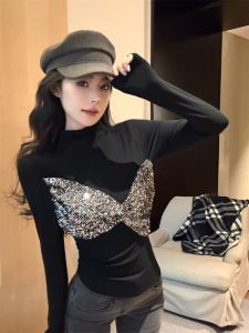 GUZILIAN | French Style Shiny Sequin Splice Long Sleeve Slim Fit T-Shirt Womens Heavy Work Autumn Winter Fashion Top Trendy Commute Style