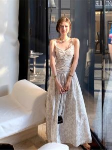 WEIZHEN Romantic Waist-Cinching Strap Dress Summer Slimming Long Gown V-neck High-waisted A-line Skirt Polyester Rayon