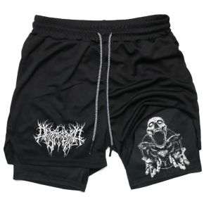 Workout Y2K Performance for Men Quick-drying Fitness Skull Double Layer Short Training Running Bodybuilding Sportwear Activewear