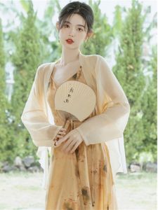 chaqi | เสื้อคลุมกันแดดสไตล์จีนใหม่ เสื้อคาร์ดิแกนผู้หญิง ชุดคลุมฤดูร้อน ผ้าโปร่ง ชุดคลุมชั้นนอก สายเดี่ยว ชุดจีน ชุดเดรส ชุดคลุม