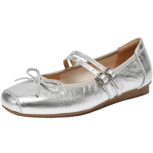 Belle | Retro Silver Mary Jane Shoes Leather Soft Bottom Double Straps