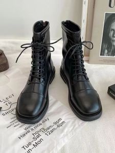 Elastic Slim Martin Boots Flat Street Style Womens Foot-Minimizing Spring Autumn Mid-Calf Motorcycle Boots Cross-Buckled round Toe