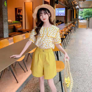 ชุดเด็กผู้หญิงฤดูร้อน ชุดสองชิ้นแขนสั้น กางเกงขาสั้น แฟชั่น เสื้อผ้าเด็ก สไตล์เกาหลี ลายจุด เสื้อผ้าเด็ก