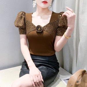 YIMEI Temperament V-neck three-dimensional flower top womens summer new design sense bubble sleeves short sleeved T-shirt slim fit cotton shirt