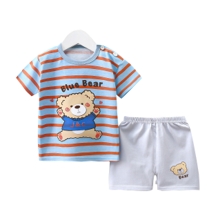 Cartoon Bear Striped T-Shirt+Shorts 2-Piece Set Cotton Pajama Kids Baby Boys Girls Summer Casual Tracksuit Clothes Suit 1-6 Y