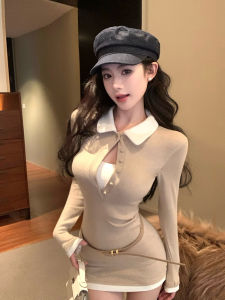 Slimming A-Line Dress Fake Two-Piece Spring Autumn Style Small Size School Style Bodycon Short Skirt Knitted Long Sleeve Polo Neck