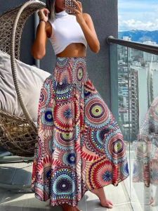 Bohemia Style Plus Size Womens Elastic High Waist Fashion Leaves Geometric Pattern Fashion Skirt Beach Dress