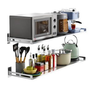 Kitchen Rack Single Shelf Stainless Steel Wall Shelf Partition Microwave Oven Wall-Mounted Punch-Free Bowl Rack Storage
