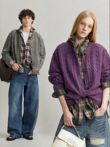 ULD | Frosty Color Pointed Woolen Jacquard with Drawstring Neck Two-piece Style Sweater Jacket