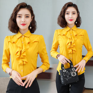 Spring 2024 Womens Long Sleeve Shirts Korean Style Pleated Edge Chiffon Slim Fit Base Top Early Spring New Style Office Wear