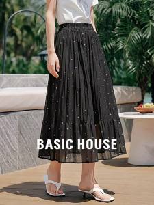 Basic House | Black Sequin Tulle A-Line Skirt Slimming High Waist
