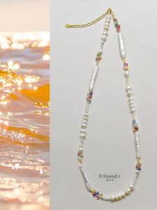 Natural Baroque Aurora Pearl Necklace Colorful Dream Durable Silver Lockbone Chain Womens Neck Chain Irregular Design Original Style