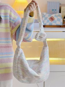 Autumn Winter Rainbow Knitted Plush Dumpling Bag Large Capacity Crossbody Bag for Commuting Trendy Japanese Style Forest System