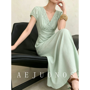 AEJUONOS | V-Neck Lace Summer Dress Slim Waist Elegant Mint Green
