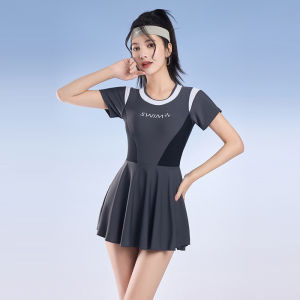 LYSEACIA Short Sleeves Sporty Swimwear for Women Color Block Swim Dress Fashion Pleated One Piece Swimsuit Female Modest Pool Beach Bathing Suit with Boxer Shorts