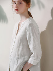 Miccbeirn | Pure Flax French Style Embroidered Shirt Top V-neck See-through Sensation Sweet Open Cardigan Solid Color Versatile Commute