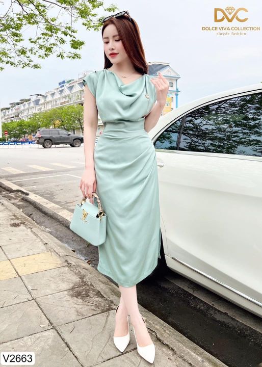 Đầm Suông Thân áo dập ly hoa lá Xanh Ngọc DL739 – Thời Trang Xinh