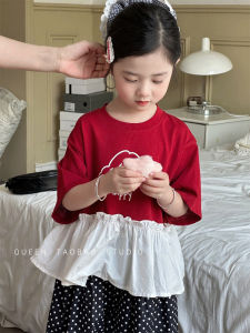 Girls Cartoon Print Ruffle Sleeve T-Shirt Short Sleeve New Summer Baby Fashion Shirt Patchwork Doll Shirt Korean Style round Neck