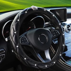 Artificial Sheepskin Print Stereo Diamond-encrusted Crown Car without Inner Ring Steering Wheel Cover for 14.5-15 Inches