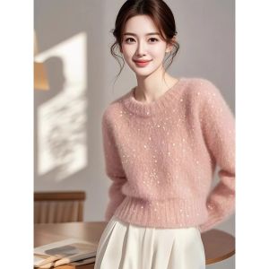 WANGGONGZHU | Elegant Thickened Shiny Sequin Cashmere Knitted Base Shirt Womens Autumn Winter Inner Wear Fashionable Overhead Sweater