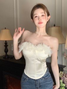 สไตล์ฝรั่งเศส Pure Desire ลูกไม้ Spicy Short เสื้อครอป ผู้หญิง ชุดหน้าร้อน เสื้อคลุมทรงฟิชโบน แขนกุด เสื้อกั๊ก ทันสมัย เสื้อคลุม