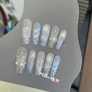 Handmade Winter Blue Snowflake Long Wear Nail Tips Ice Transparent Design Luxury Sensation Autumn Winter Collection Nail Art