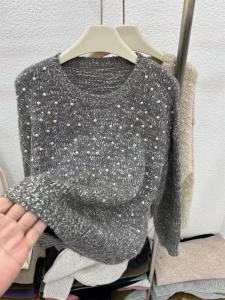 เสื้อสเวตเตอร์ถักผสมขนสัตว์คอปกกลมสำหรับผู้หญิง ทรงหลวม ปกโปโล แขนยาว ทรงพอดีตัว เสื้อชั้นในฤดูใบไม้ร่วง/ฤดูหนาว สไตล์เกาหลี