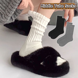 E.B. Women Sock Japanese Style Retro Thick Thread Solid Color Middle Tube Socks