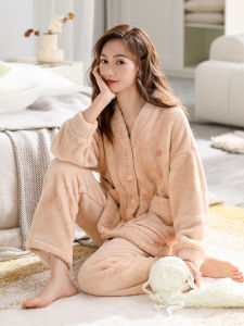 Antistatic Coral Fleece Pajamas Womens Autumn Winter Thickened Home Clothes Set Simple Style Long Sleeve V-neck Button Decor