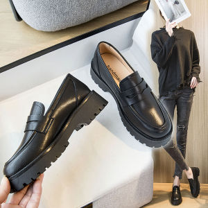 Authentic Leather Loafers British Style Soft Bottom White Platform Small Leather Shoes Mary Jane Platform Shoes round Toe All-Matching High Heel Flats