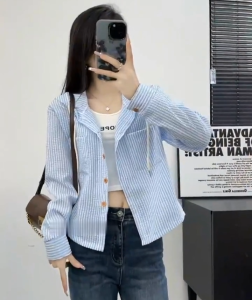 Korean Blouse for Women Stripe Long Sleeve Crop Top Hoodie Cool Loose Shirt