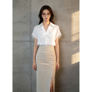 PIAOYA | Design Twisted Short Sleeves V-Neck Fitted Slimming Office Ladies Shirt