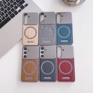 Frameless Wood Grain Leather Magnetic Case For Magsafe Samsung Galaxy S26 Ultra S25 S24 Plus S23 S22 Ultra A55 A35 A56 A36 A37