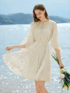 XIANGYING | French Tencel Puff Sleeves Summer Elegant Belted Waist Design Embroidered Dress